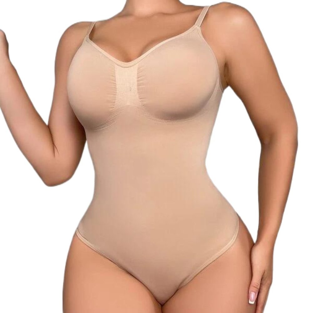 Beige Nude Solid Shapewear Bodysuit, size S